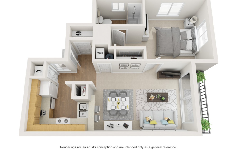 A - 1 bedroom floorplan layout with 1 bathroom and 620 square feet