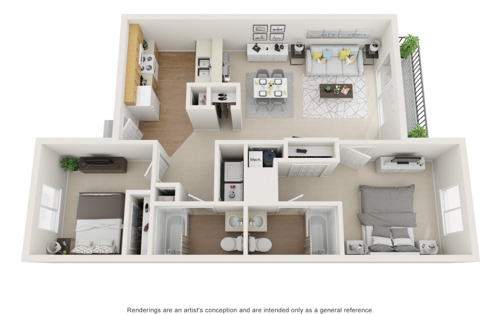 B - 2 bedroom floorplan layout with 2 bathrooms and 925 square feet