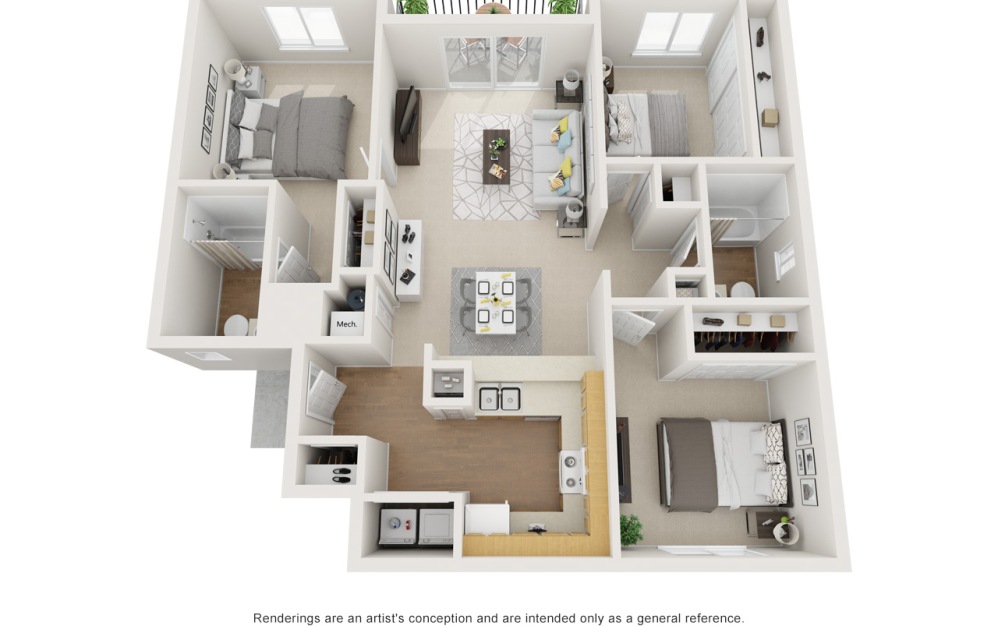 C - 3 bedroom floorplan layout with 2 bathrooms and 1082 square feet